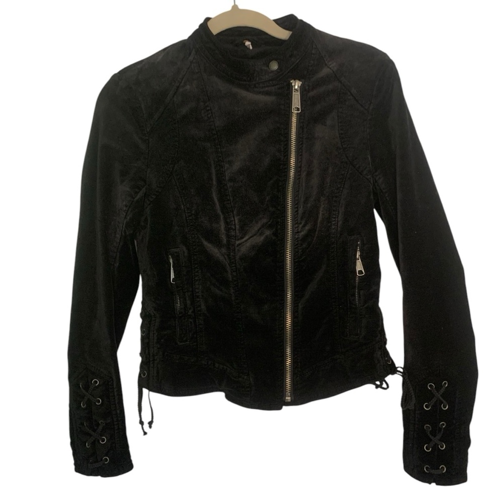 Free People Black Faded Velvet Lacey Asymmetrical Zipper Lace Detail Moto Jacket